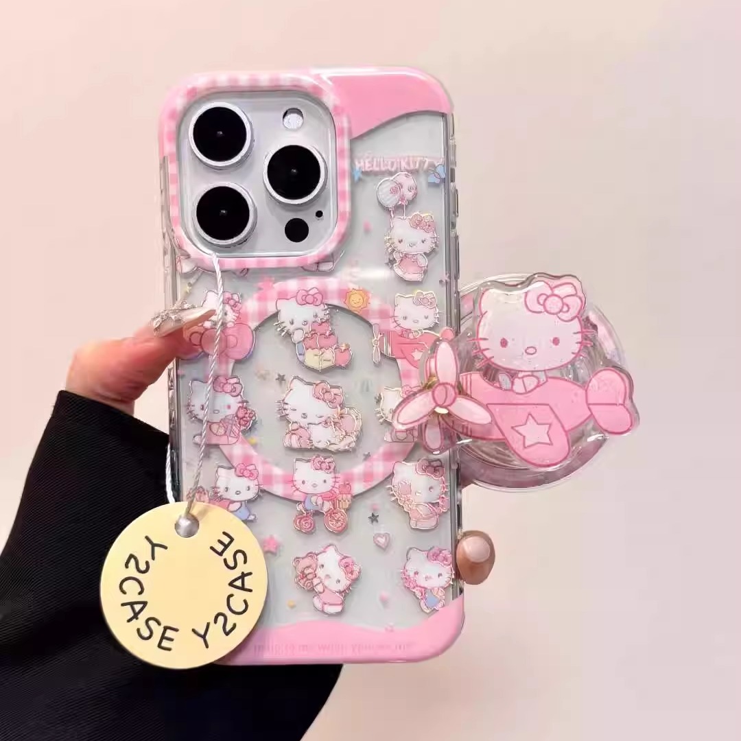 韩系卡通飞行员Kitty猫磁吸支架适用iPhone16promax手机壳15promax透明14个性创意13可爱少女心16p新款保护套