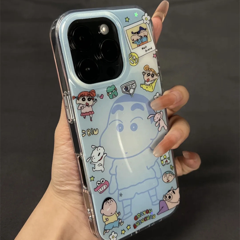 ins卡通蓝底线条围边蜡笔小新适用iPhone16Promax新款苹果15promax手机壳14可爱趣味13情侣爆款16p简约防摔套