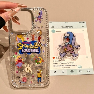 iPhone16promax手机壳14趣味13搞怪16P网红防摔套 ins卡通可爱闪钻边框比奇堡小丑鱼支架适用苹果15promax新款