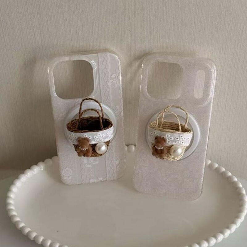 新款蕾丝面珍珠小熊花篮磁吸支架适用苹果17promax新款iPh