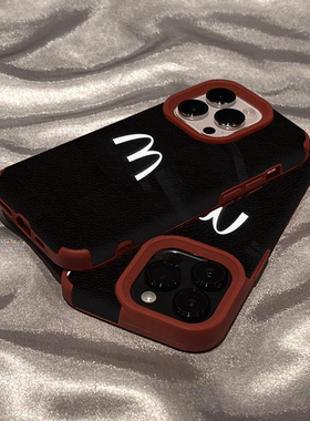 潮牌m记麦门适用iPhone15ProMax手机壳新款14苹果16pro小羊皮质12高级感11情侣13p红色新年15pro全包15保护套