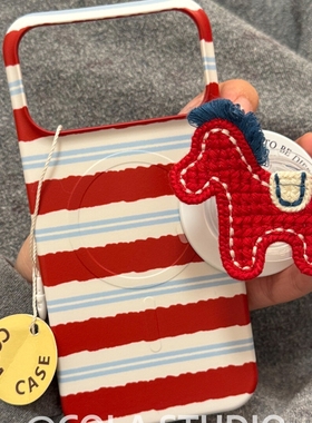 韩系红蓝条纹刺绣红色小马磁吸支架适用苹果17promax新款iPhone16promax菲林手机壳17P创意15Pro卡通16保护套