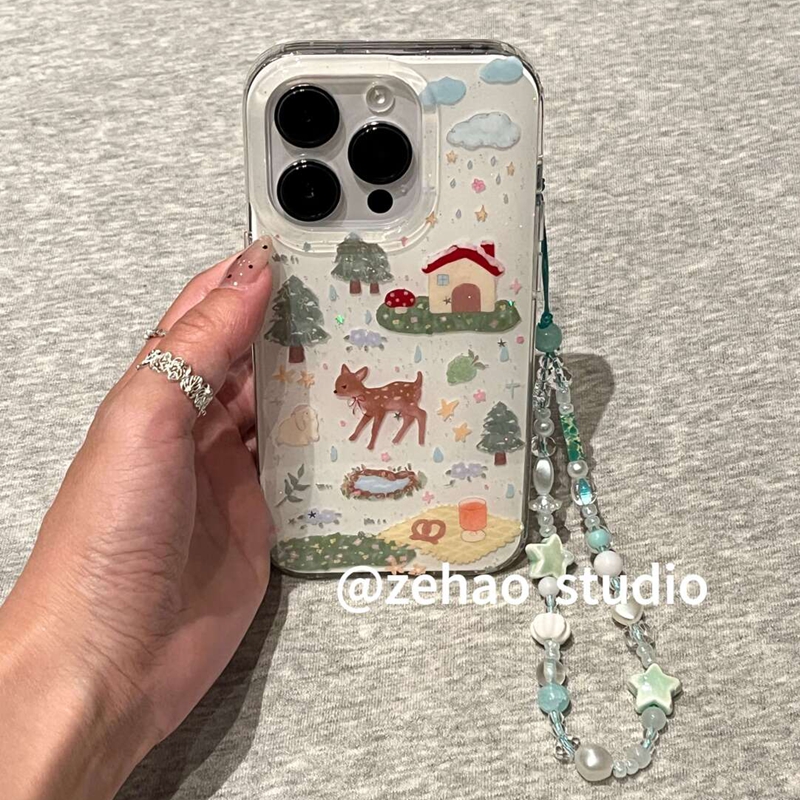 卡通细闪花园云朵房屋梅花小鹿适用苹果17promax新款iPhone16promax手机壳17创意15pm小众可爱14少女13保护套