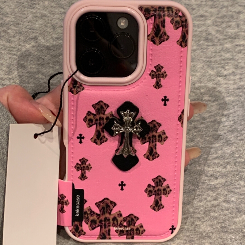 甜酷粉底皮质豹纹十字架适用苹果17promax新款iPhone16promax手机壳15P个性小众13高级感14辣妹风17Pro保护套