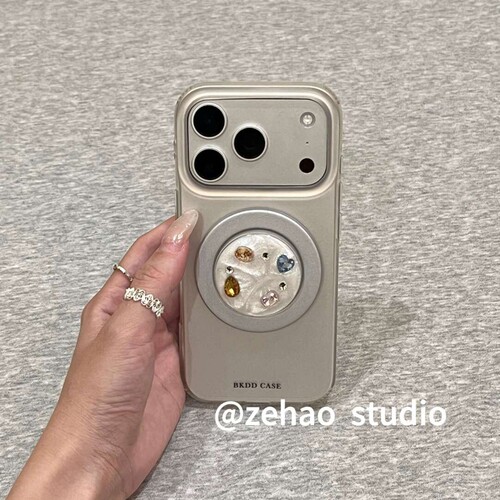 韩风ins卡其彩钻宝石磁吸支架适用苹果17promax新款iPhone16promax手机壳14极简17Pro轻奢13高级感15pm保护套