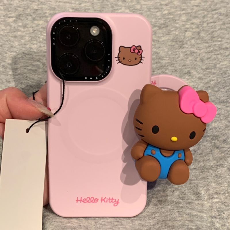 ins少女心粉底立体黑皮KT磁吸支架适用苹果17promax新款iPhone16promax手机壳14个性甜酷13卡通15P菲林防摔套