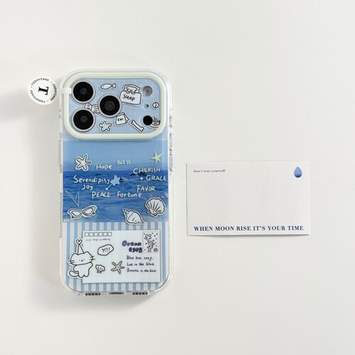 夏日ins清新海浪贝壳猫咪明信片适用苹果17promax新款iPhone16promax手机壳15pm超好看17Pro个性16卡通保护套