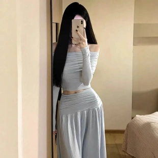 修身 一字肩显瘦长袖 高腰半身裙纯欲风两件套 春季 韩系辣妹穿搭套装