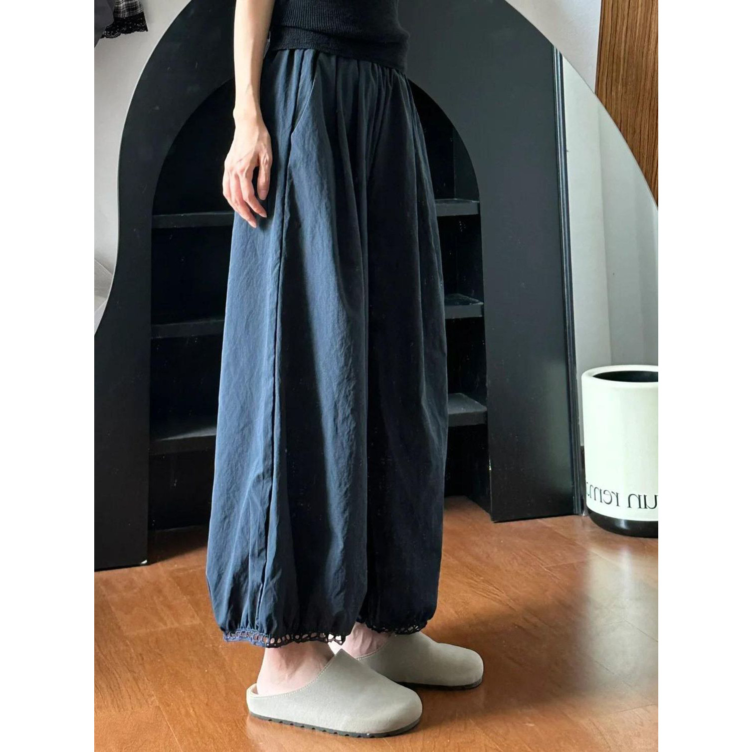 日系灯笼阔腿裤女款高腰藏青色裤休闲裤