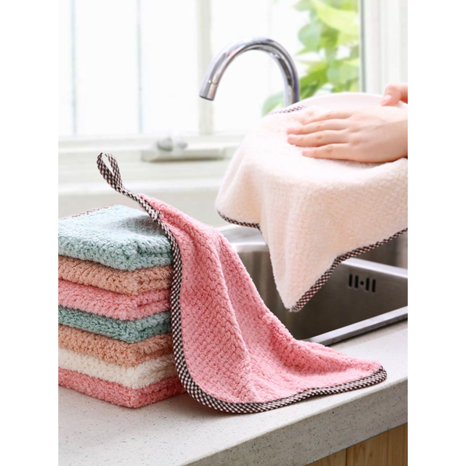 珊瑚绒可挂式双面抹布厨房菠萝纹不掉毛吸水擦手巾素色洗碗百洁布