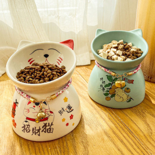 猫碗陶瓷防打翻高脚双碗斜口保护颈椎饭碗喝水碗猫咪食盆用品大全