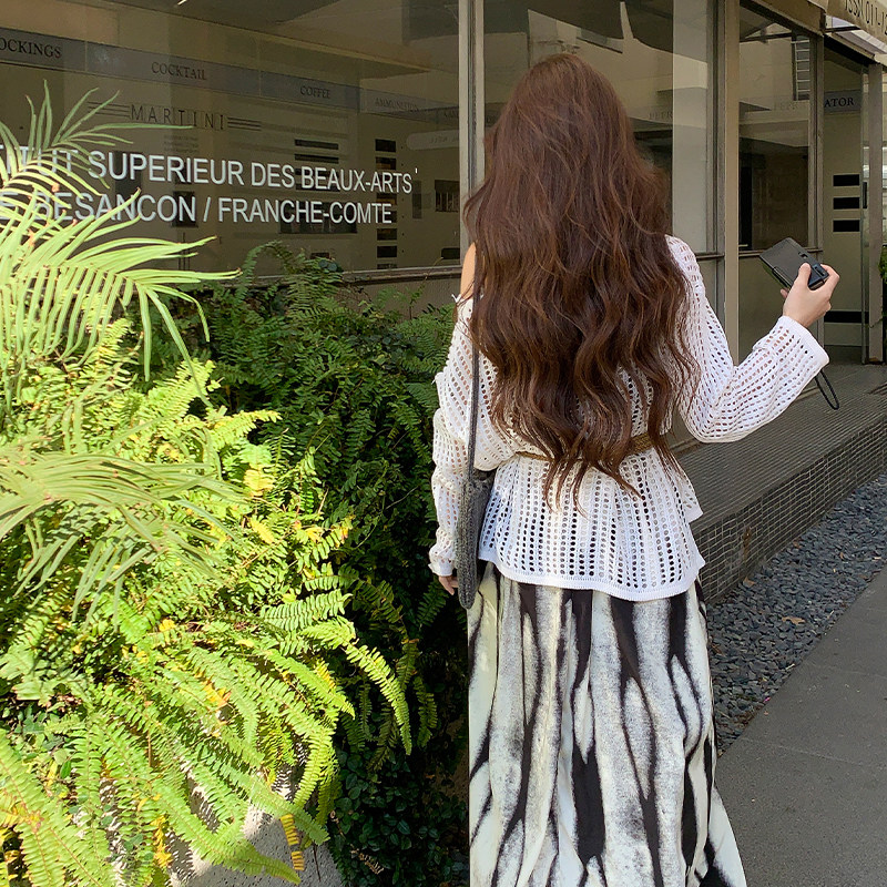 复古小众晕染印花连衣裙套装女2025初春新款镂空罩衫吊带裙两件套,女装套装/套裙,浙宝095(原288A)