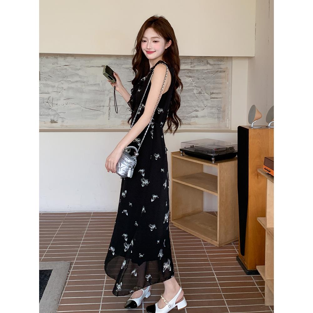 木耳边黑色碎花无袖吊带连衣裙女夏2025新款法式轻熟风御姐修身,女装连衣裙,浙宝095(原288A)