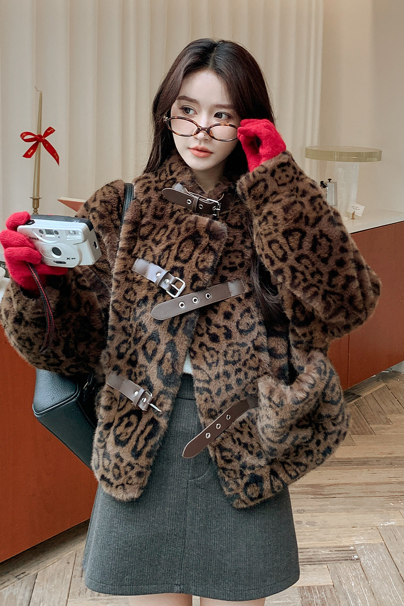 韩版气质仿貂绒豹纹外套女2025冬季新款显瘦加厚保暖短款毛毛棉服,女装皮草,浙宝095(原288A)
