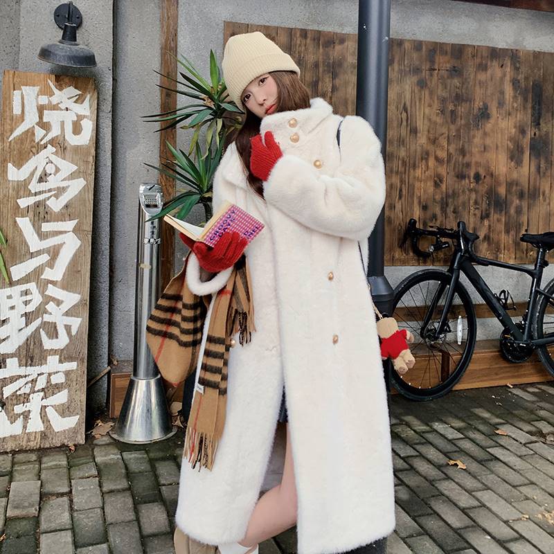韩系白色水貂绒大衣女冬新款高级感显瘦加厚中长款皮毛一体外套,女装皮草,浙宝095(原288A)