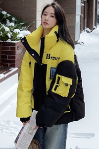 黄色拼接撞色90白鸭绒羽绒服短外套女冬新款小个子宽松加厚面包服图片