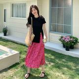 2025夏季黑色开叉蝴蝶结装饰设计T恤套装女雪纺碎花半身裙两件套，女装套装/套裙，浙宝095(原288A)