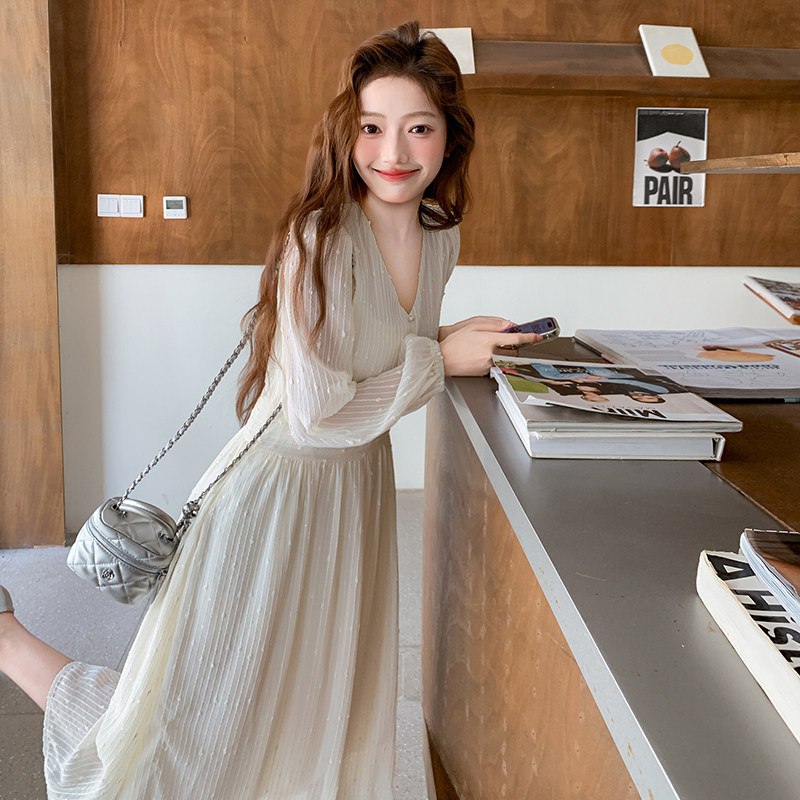 夏季辣妈时尚甜美清新田园蕾丝秋季长袖V领连衣裙气质长裙蕾丝,女装连衣裙,浙宝095(原288A)