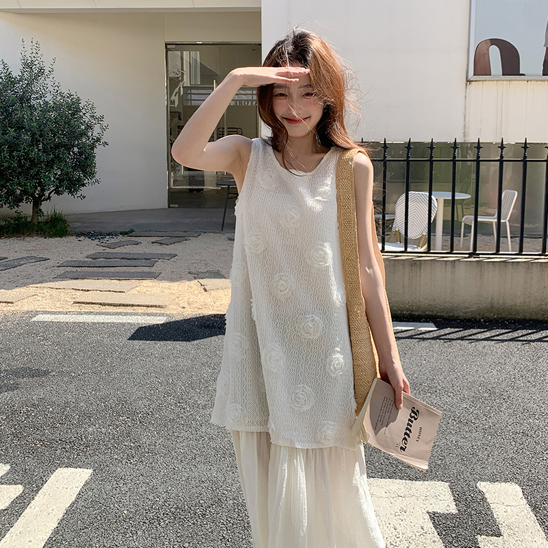 米白色法式清纯系立体花朵拼接连衣裙女2025初夏新款甜美无袖长裙，女装连衣裙，浙宝095(原288A)