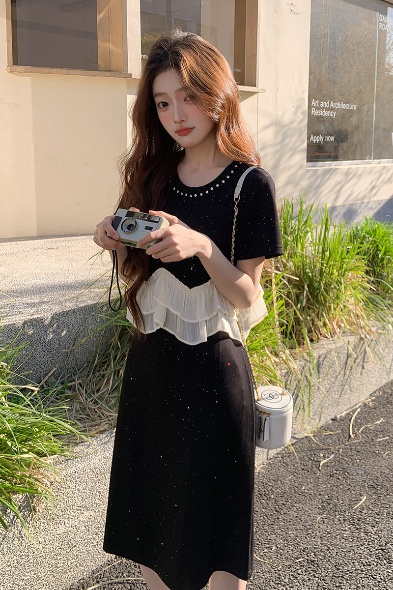 现货2025夏季新款烫钻花边针织假两件连衣裙095-8171-P125-K188,女装连衣裙,浙宝095(原288A)
