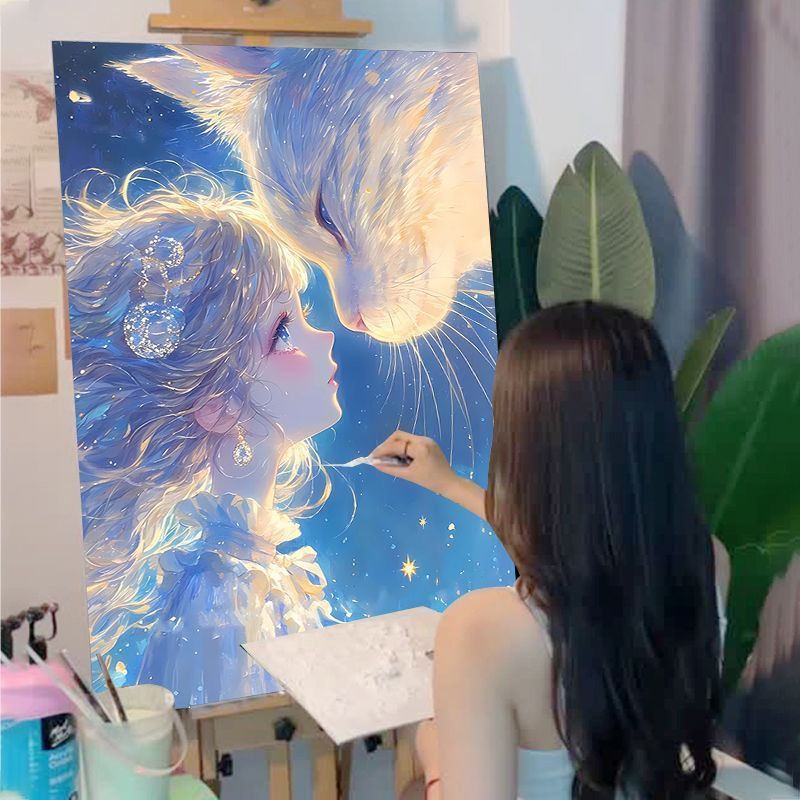 猫生半梦diy数字油画卡通治愈系手工绘解压油彩画填充丙烯装饰画图片