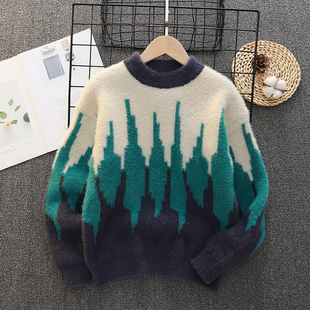 男童毛衣2025新款秋冬款儿童针织衫圆领中大童装男孩水貂绒加厚