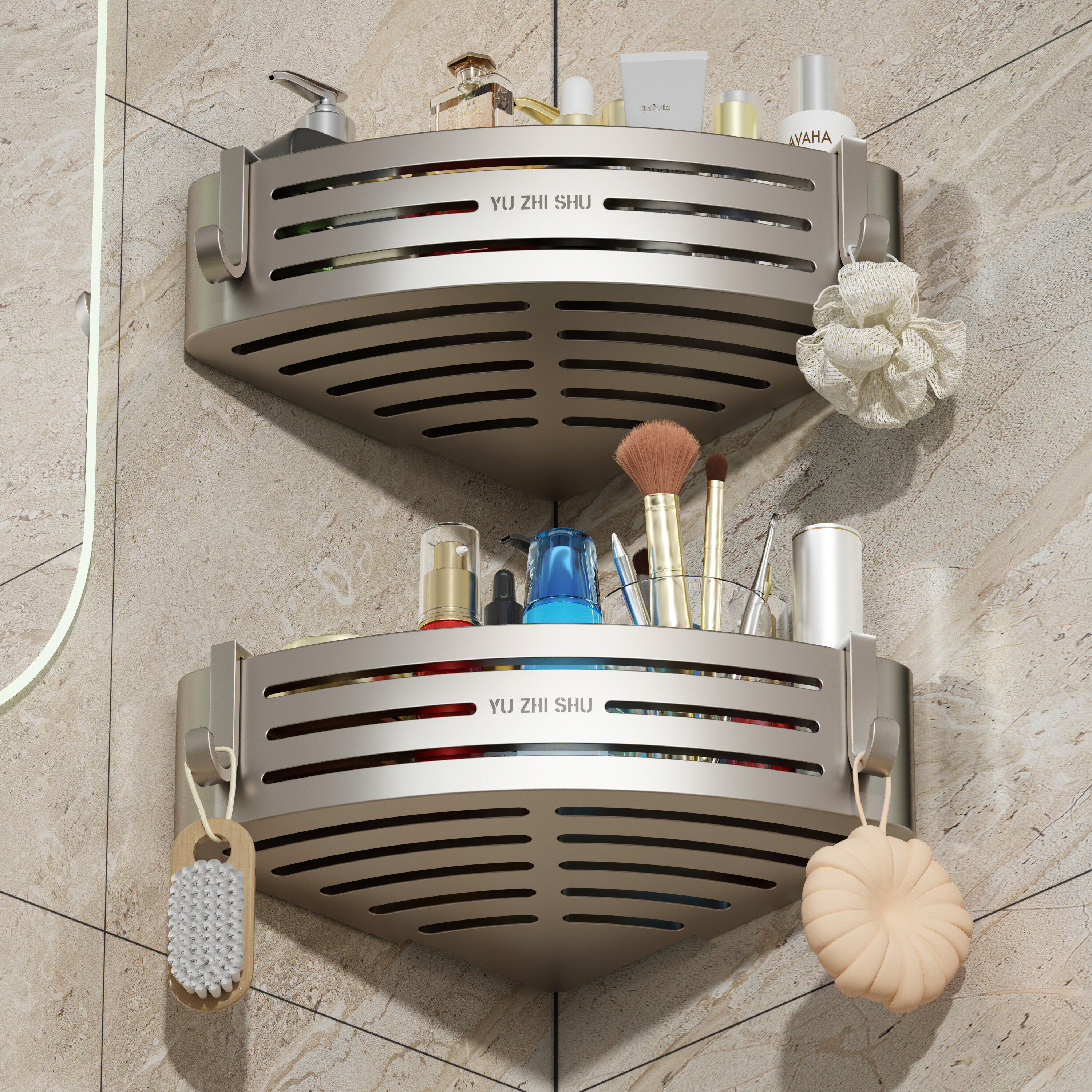 枪灰浴室三角置物架免打孔淋浴房卫生间转角三角篮厕所壁挂收纳架