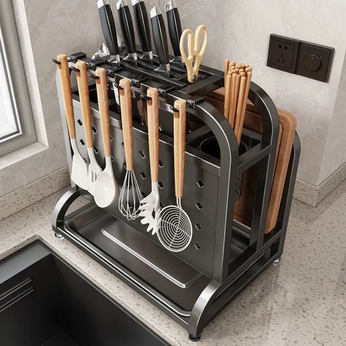 2025新款不锈钢厨房刀架菜板置物架多功能台面刀具筷子一体收纳架