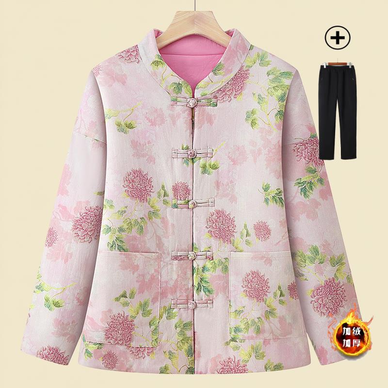 秋冬中式棉服外套棉袄妈妈新款复古加厚盘扣保暖印花立领国风棉衣