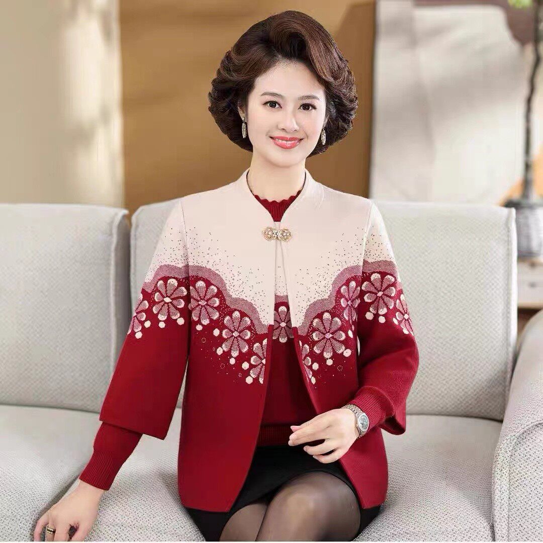 妈妈秋冬新款毛衣针织衫两件套洋气50岁中老年女外套唐装