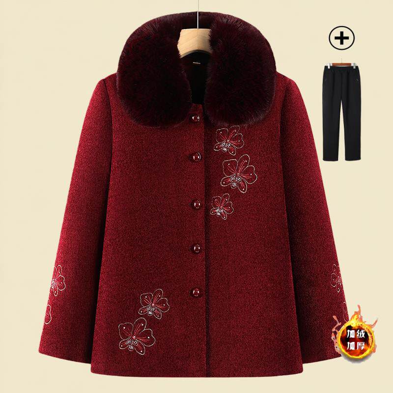 奶奶妈妈加绒加厚毛领女装保暖外套冬装老太太毛呢外套女唐装上衣