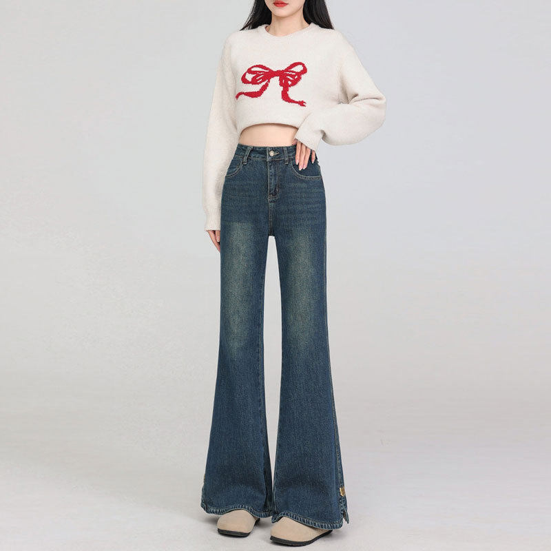 复古微喇牛仔裤女2026春季高腰显瘦小个子百搭开叉马蹄喇叭裤子