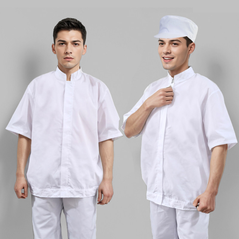 白色夏季薄款食品工装生产车间洁净服工作服半袖带帽服套装透气男