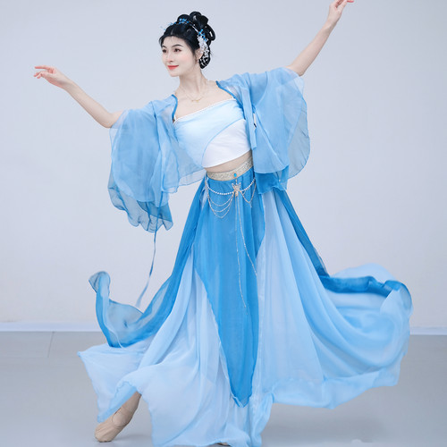 悠然梦璐古典舞服装仙气飘逸纱衣蝴蝶外披中国舞古风蓝色大摆裙