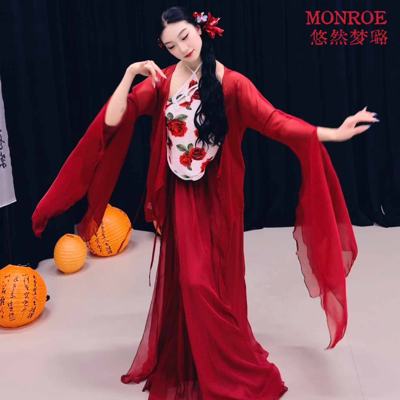 悠然梦璐古典舞蹈服装飘逸玫瑰肚兜长款纱衣古风上衣表演练功服