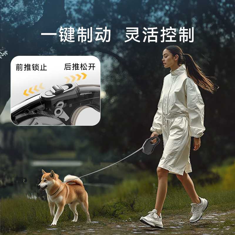 新款直销纯色百搭狗狗牵引绳自动伸缩遛狗绳外出一件制动牵引绳带