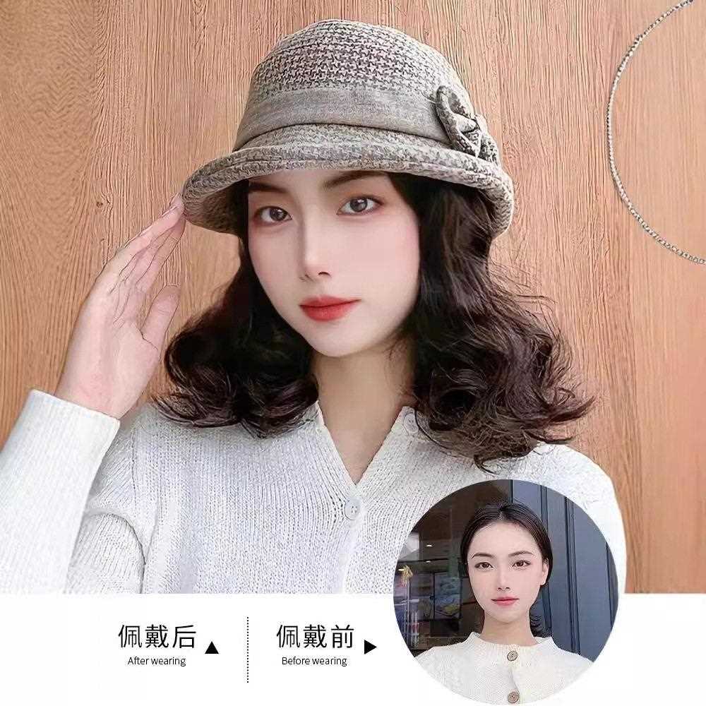 新款直销格子蝴蝶结渔夫帽慵懒短卷发帽子假发一体式秋冬季中老年