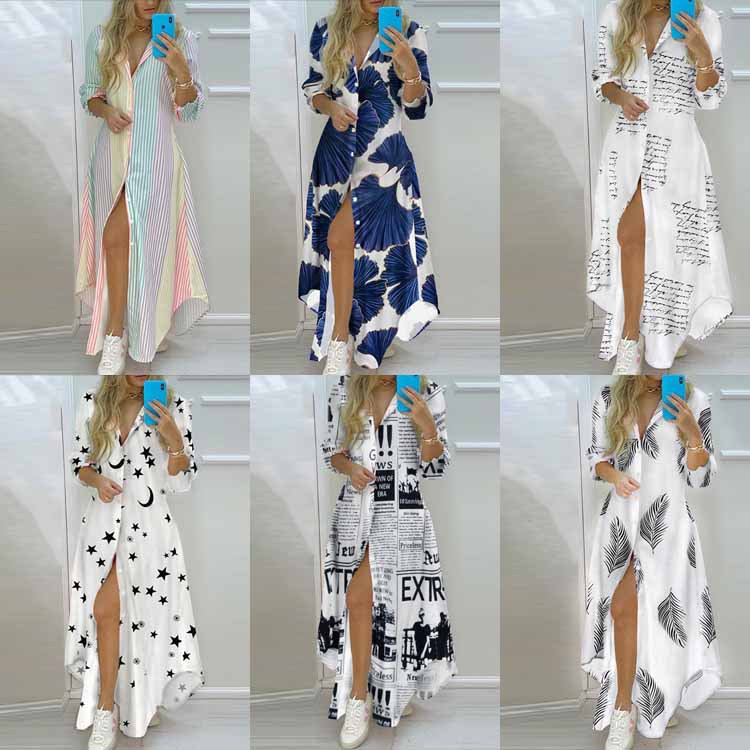 Sleeve Maxi Female Striped Shirt Dress Size S--3XL衬衫连衣裙