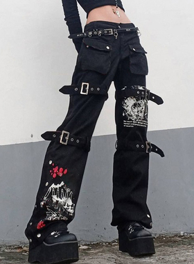 Women's printed metal button jeans印花金属扣女牛仔垂感长裤