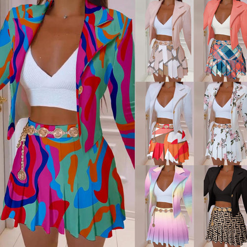 Printed collar long sleeved short skirt set 印花翻领短裙套装