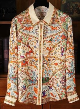 Long sleeved collar printed top for women 长袖翻领印花上衣女