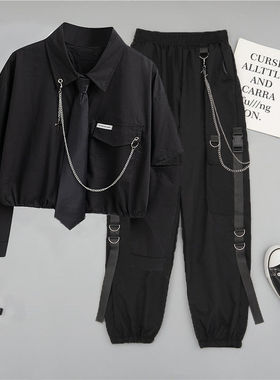 Two-piece shirt and high-waisted overalls高腰工装裤两件套