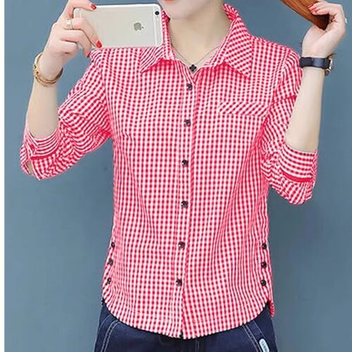 Ladies' striped checkered plus size shirt 条纹格子大码衬衫女