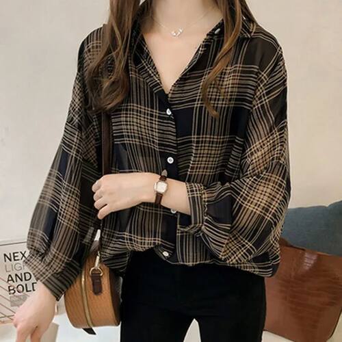 Large checkered patchwork shirt for women 大码格子拼接衬衫女