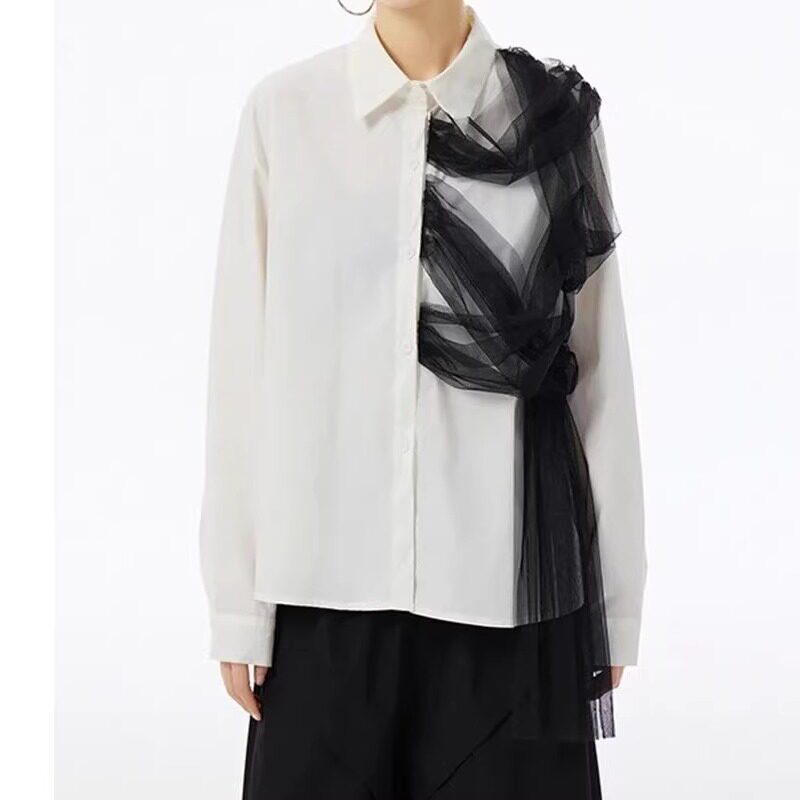 Splicing mesh loose casual top for women女士拼接网纱宽松上衣