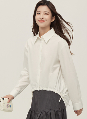 The Middle白色不规则抽绳衬衫女简约通勤长袖西装领上衣春季新品