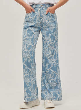 The Middle复古满印高腰阔腿牛仔裤女宽松显瘦休闲直筒裤千禧小众