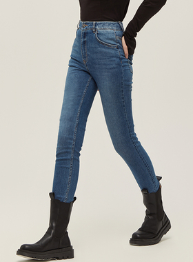 The Middle复古蓝高腰紧身牛仔裤女铅笔裤高弹显瘦通勤黑色浅蓝色