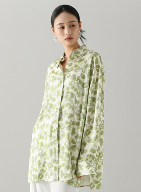 The Middle重磅铜氨丝衬衫女高级感翻领宽松印花垂感天丝衬衣春款