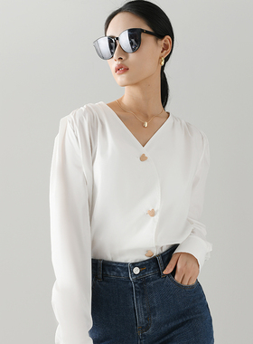 The Middle法式V领白衬衫长袖女士衬衣精致上衣休闲通勤